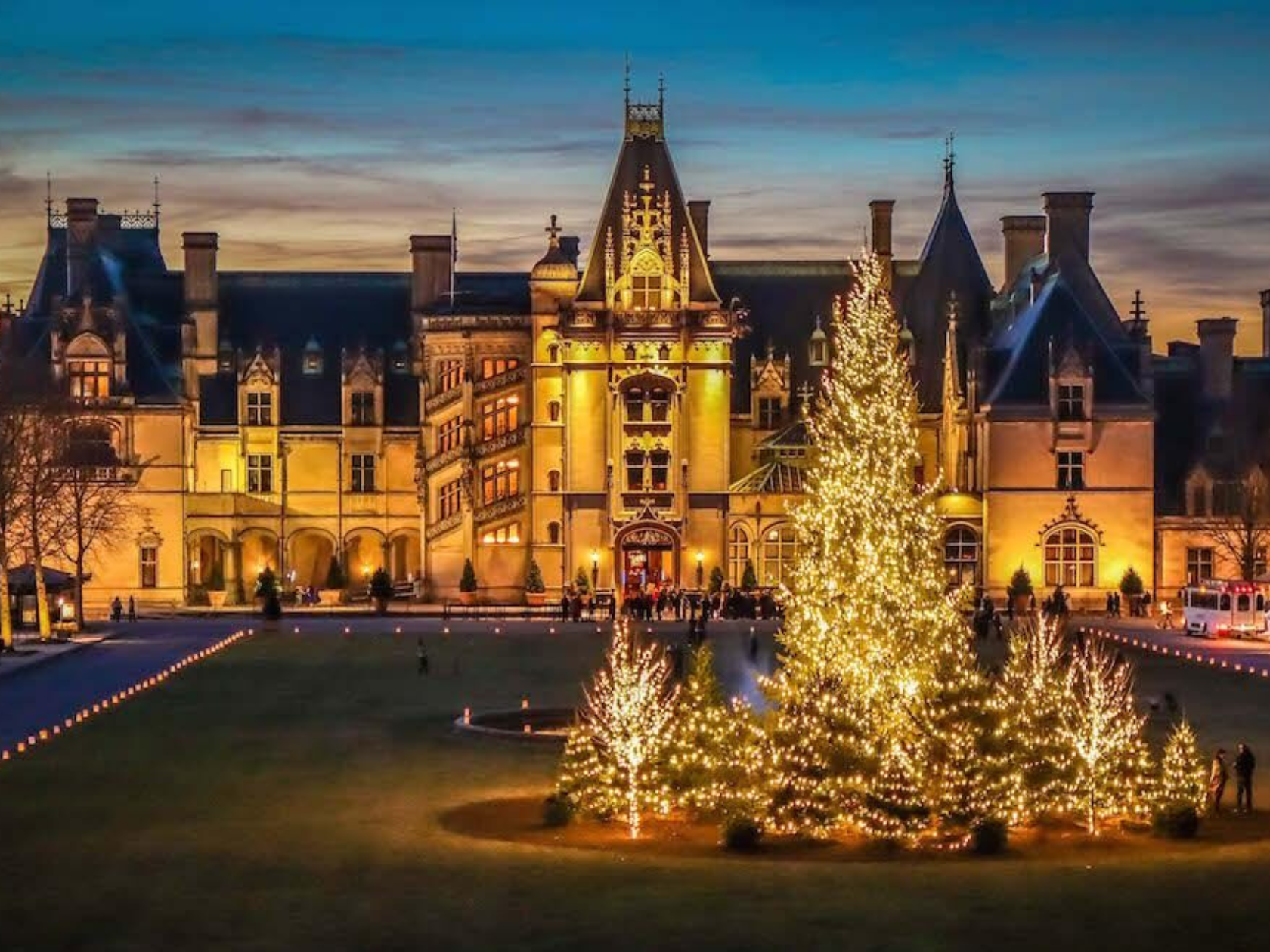 Biltmore Castle covered in holiday string lightings 